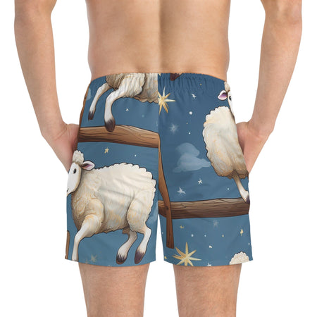 "Don’t Be Sheepish" Men's Swim Trunks – Dreamy Dive Edition 🏊‍♂️🌙 All Over Prints