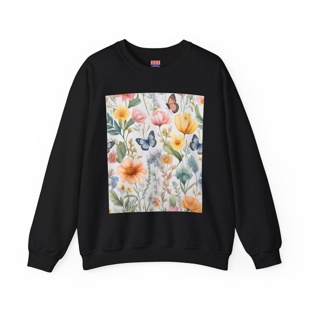 Spring Bloom Crewneck Heavy Blend™ – Floral Serenity Edition 🌸🦋 Black / S Sweatshirt