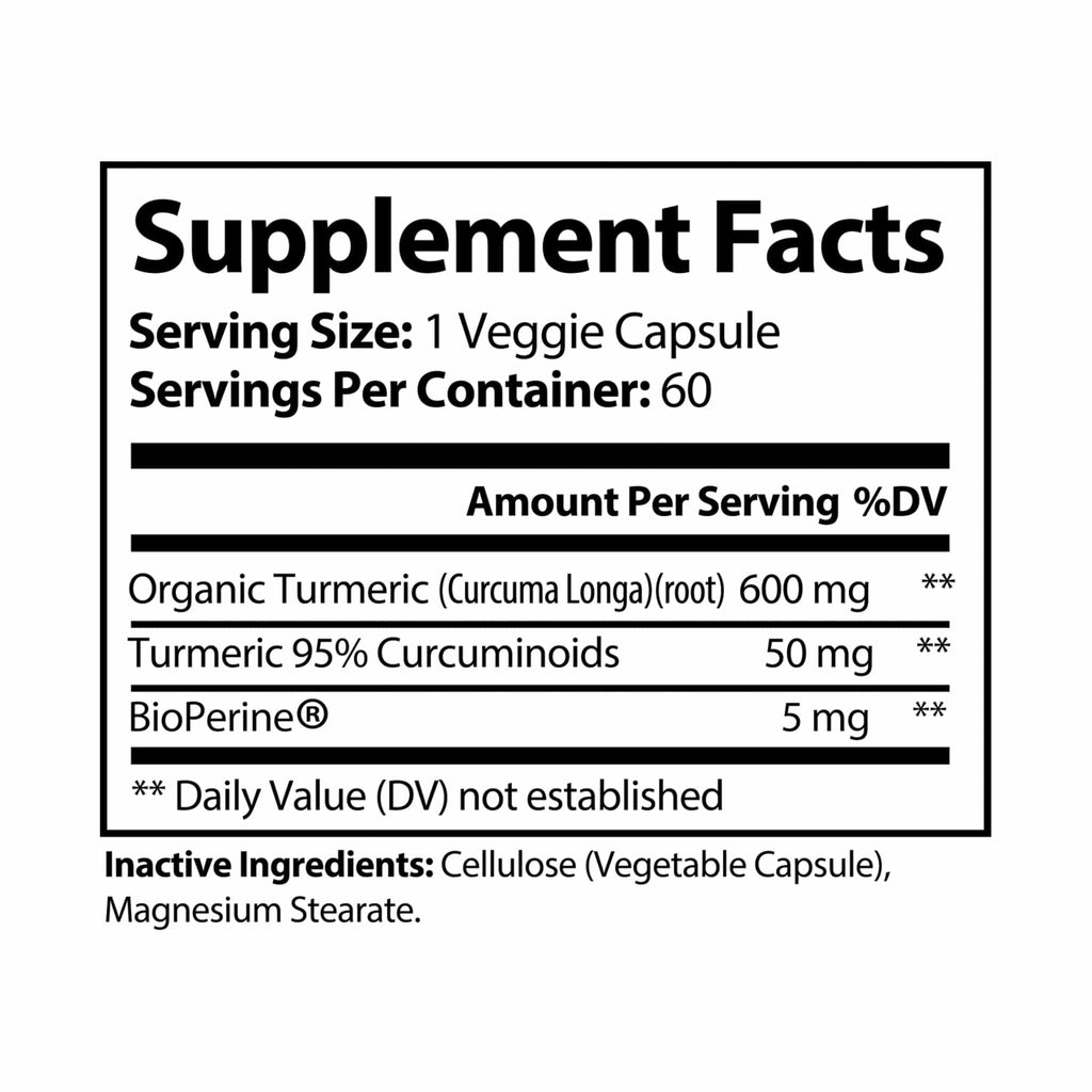 Turmeric with BioPerine® (Black Pepper Fruit Extract) Supplement (60 Capsules) White bottle + cap / Unflavored / 60 Vegetable capsules Food Supplements