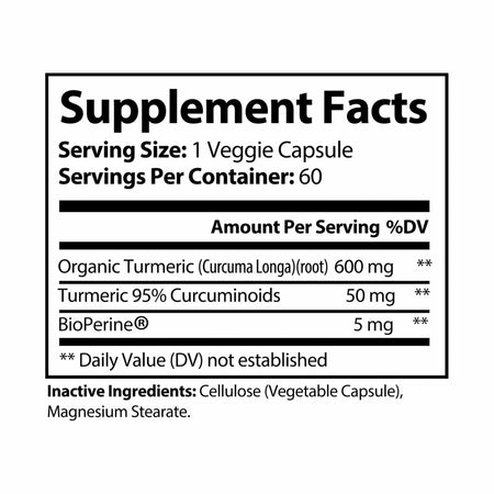 Turmeric with BioPerine® (Black Pepper Fruit Extract) Supplement (60 Capsules) White bottle + cap / Unflavored / 60 Vegetable capsules Food Supplements