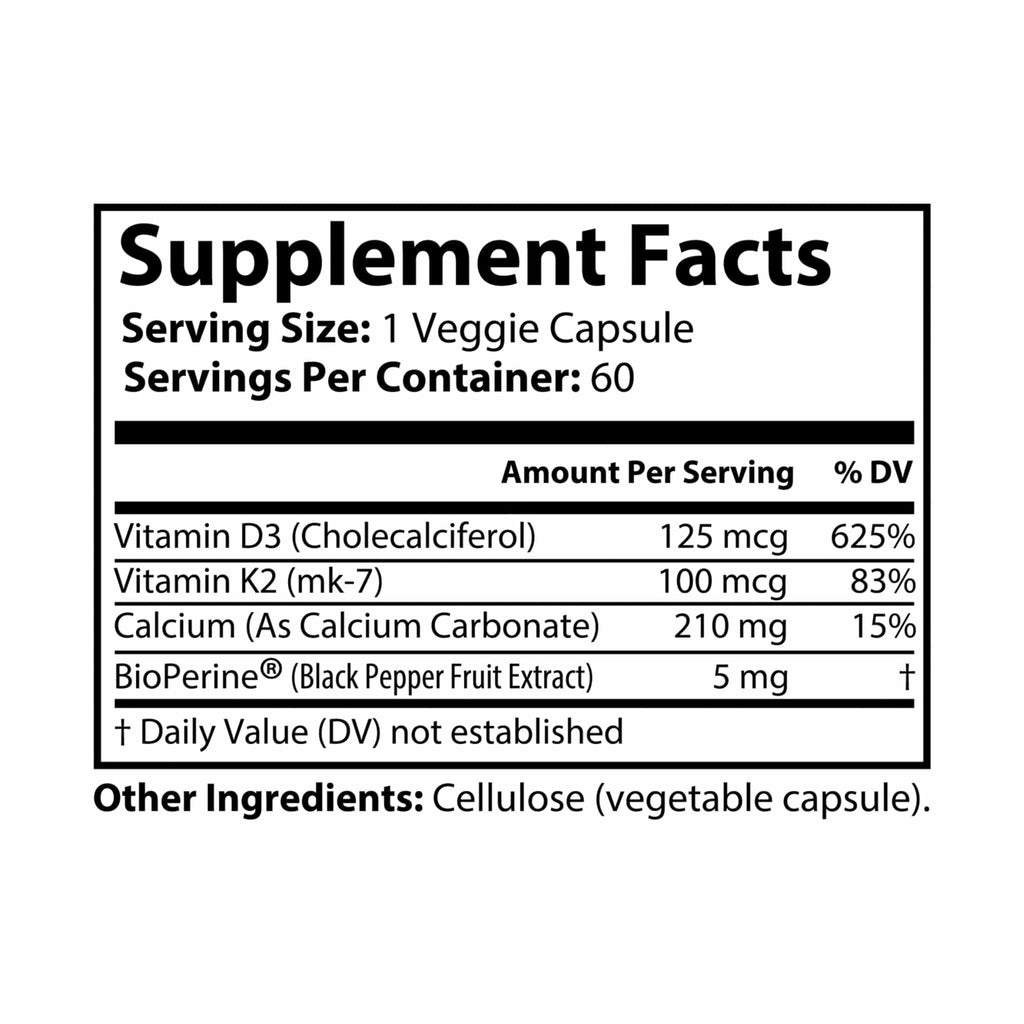 Vitamin K2 + D3 Supplement (60 Capsules) White bottle + cap / Unflavored / 60 Vegetable capsules Food Supplements